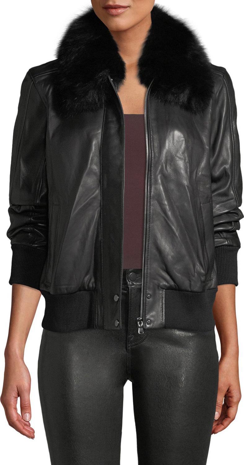 A.L.C. Aran Zip-Front Leather Bomber Jacket w/ Fur Collar A.L.C. Aran Zip-Front Leather Bomber Jacket w/ Fur Collar