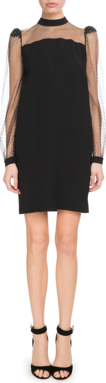 Givenchy Long-Sleeve Crepe Satin Shift Dress w/ Sheer Embroidered Neck & Sleeves