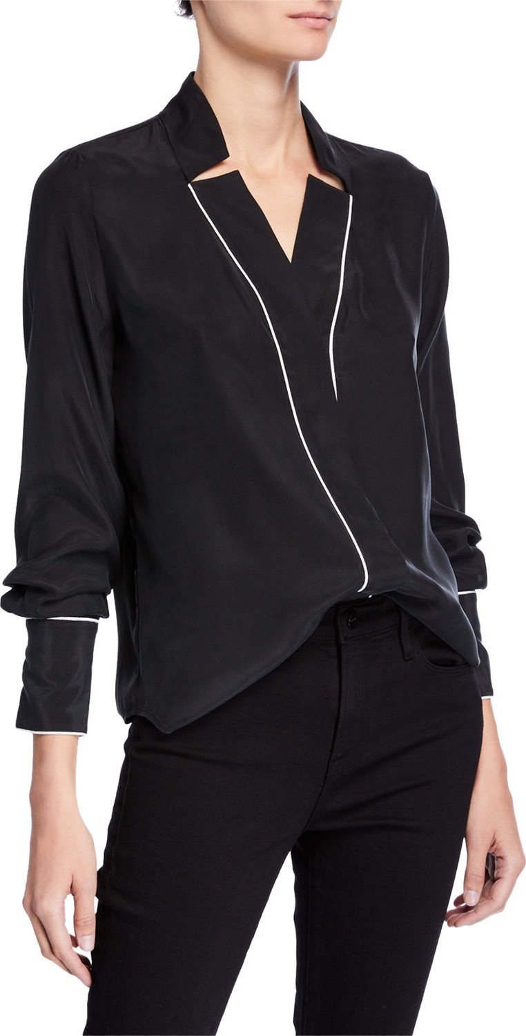 FRAME DENIM Notch Collar Silk Blouse with Piping
