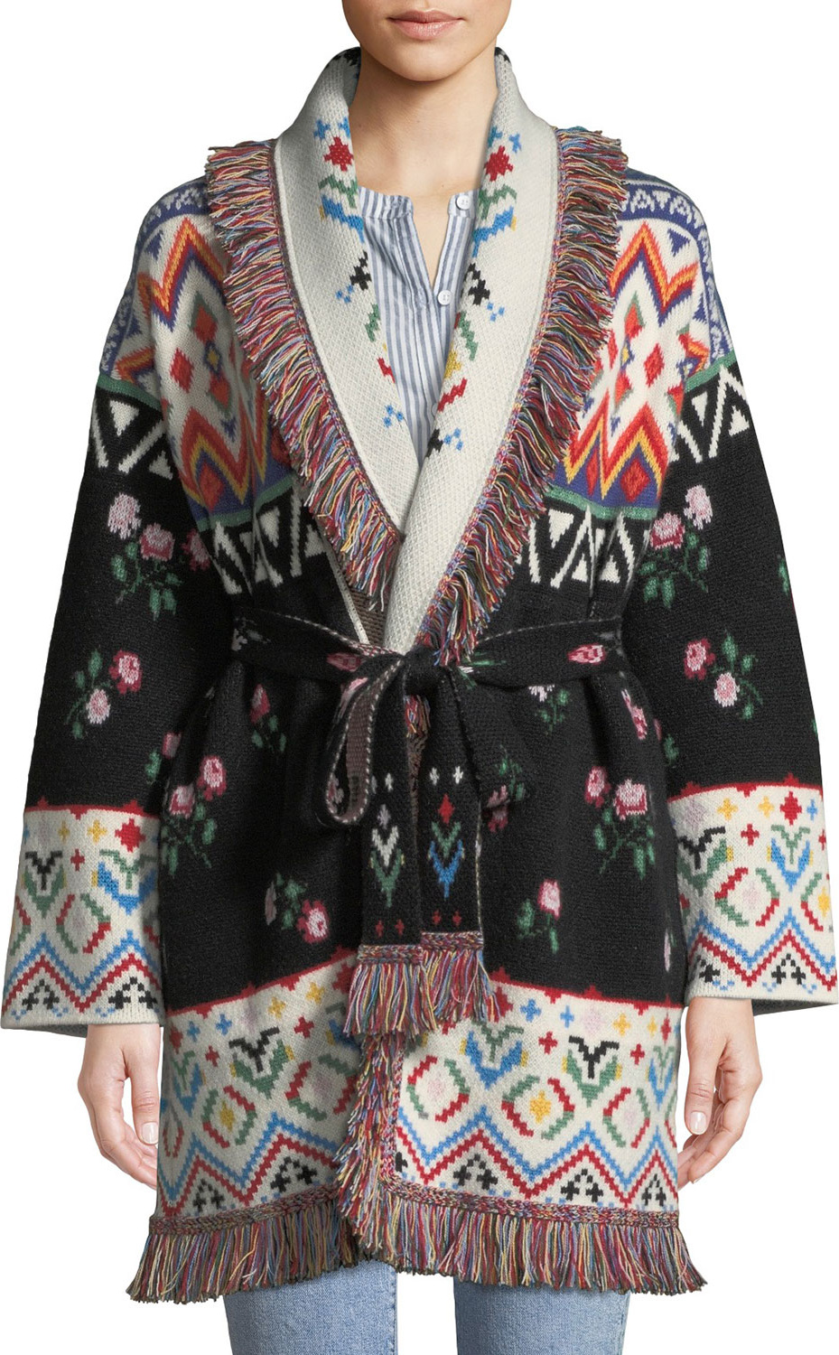 Alanui Greenland Jacquard Self-Belt Cashmere Cardigan w/ Fringe