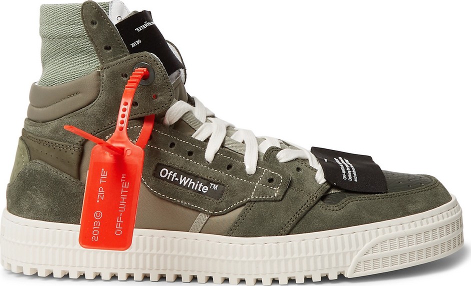 Off White Off-Court Leather and Suede High-Top Sneakers