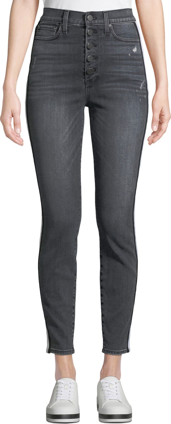 AO.LA by alice + olivia Good High-Rise Exposed Button Skinny Jeans with Stripes