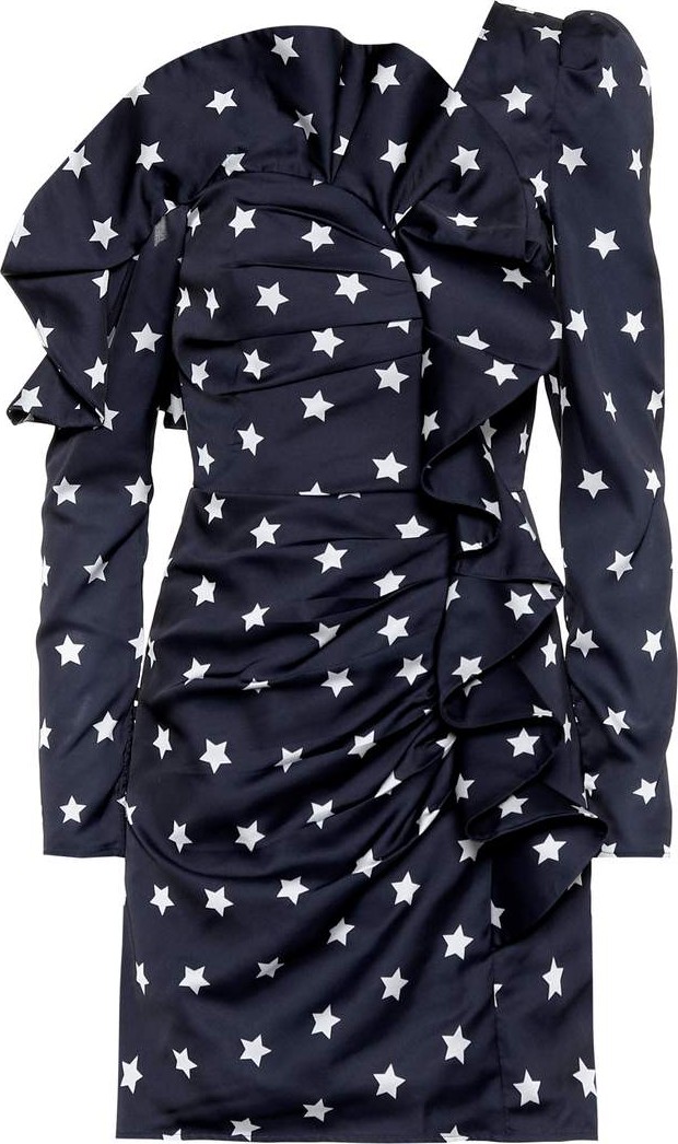 Self Portrait Star-printed ruffled satin minidress
