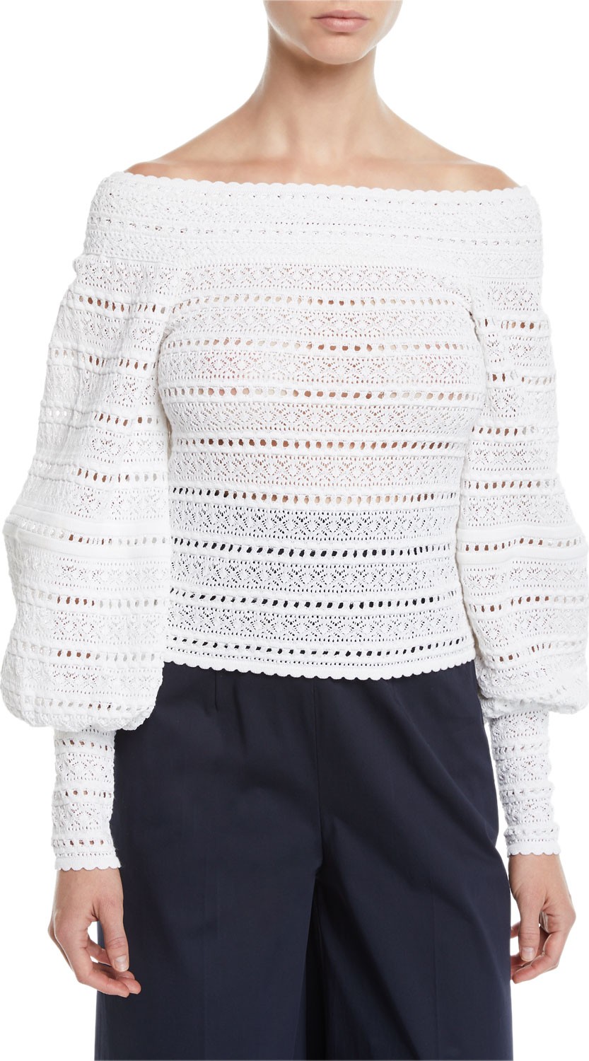 Oscar De La Renta Off-The-Shoulder Lace-Striped Blouse