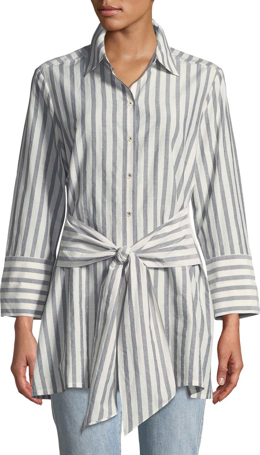 Go Silk Striped Tie-Front Silk-Blend Shirt