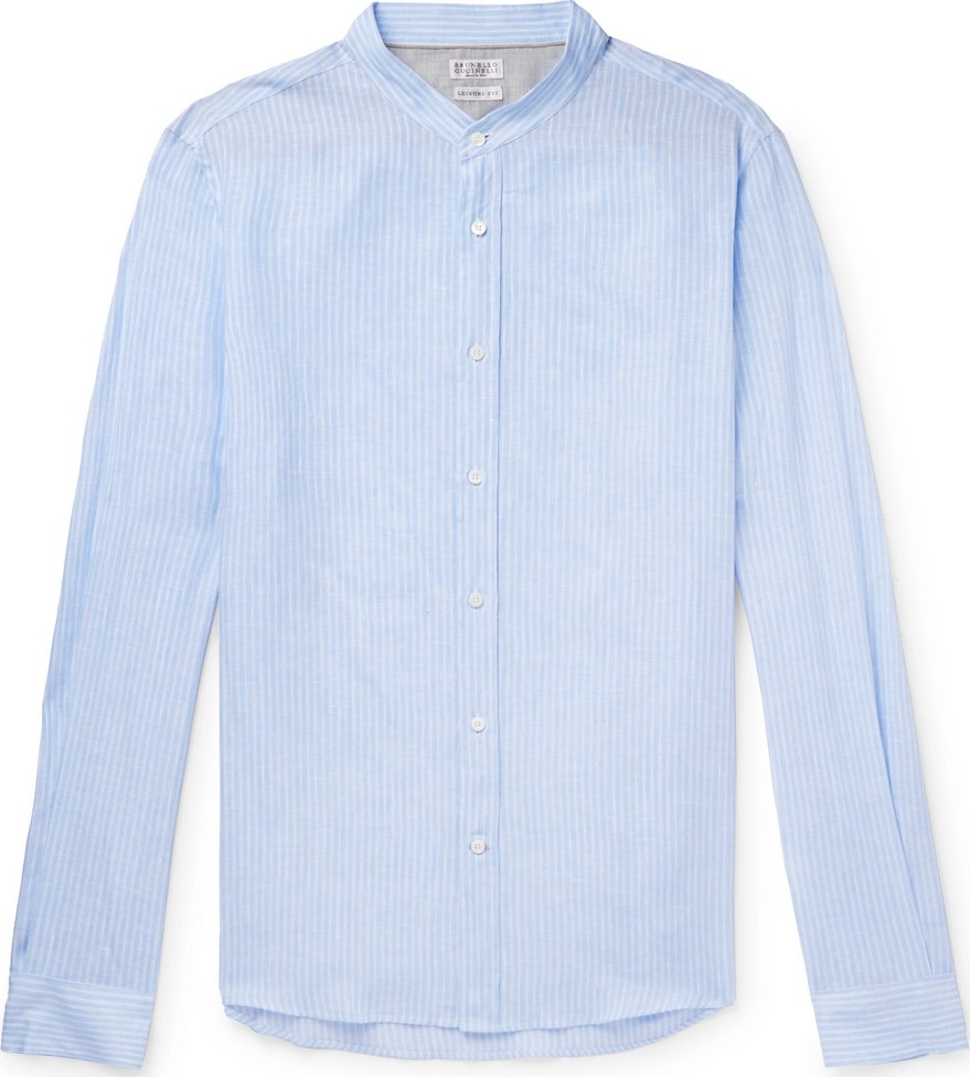 Brunello Cucinelli Grandad-Collar Striped Linen Shirt