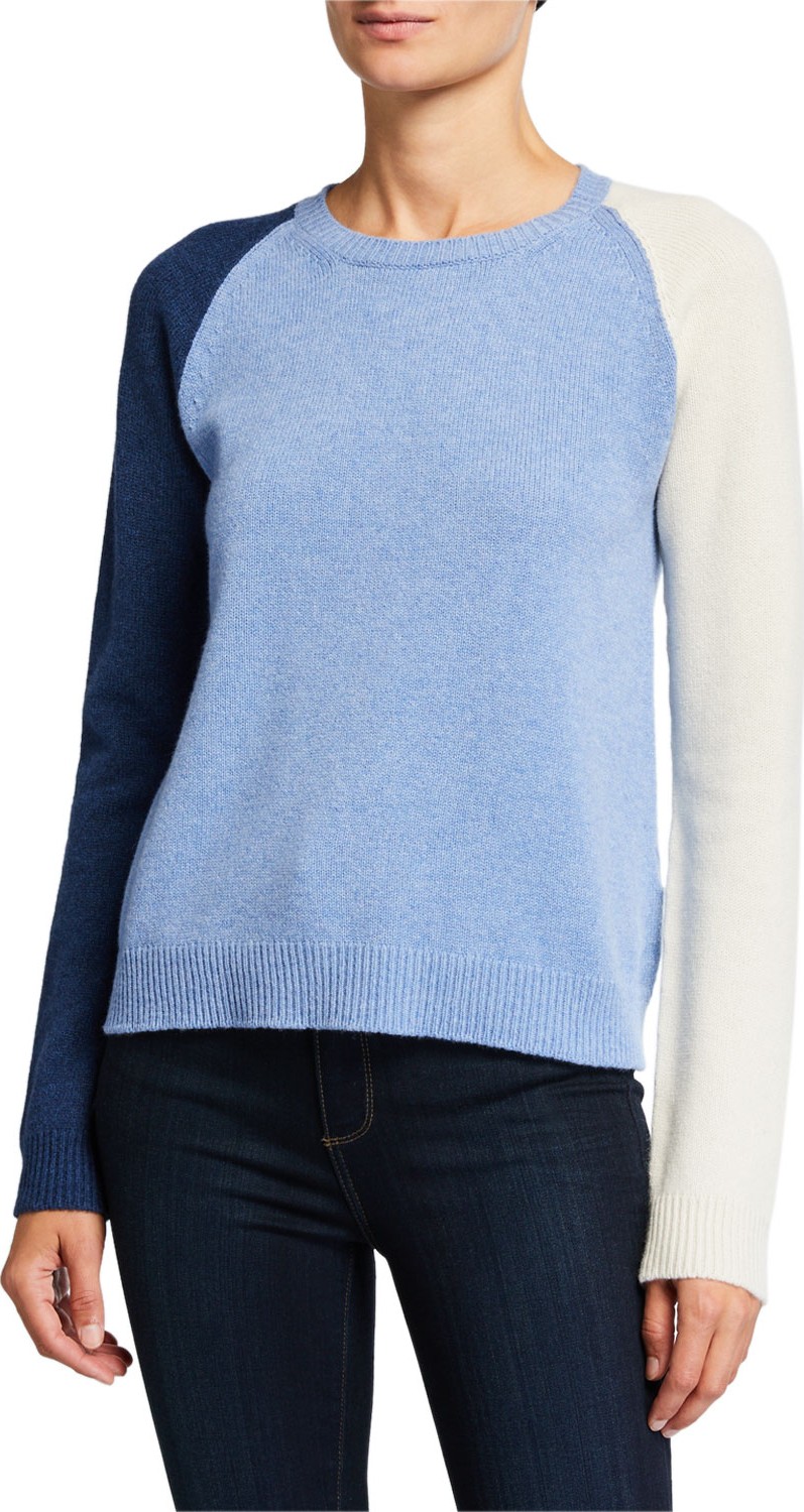 Majestic Tricolor Crewneck Long-Sleeve Cashmere/Wool Sweater