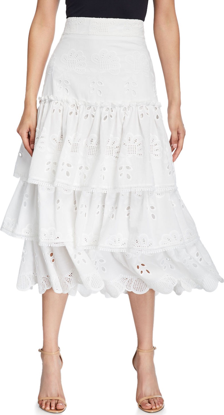 Alexis Faustine Tiered Ruffle Eyelet Midi Skirt