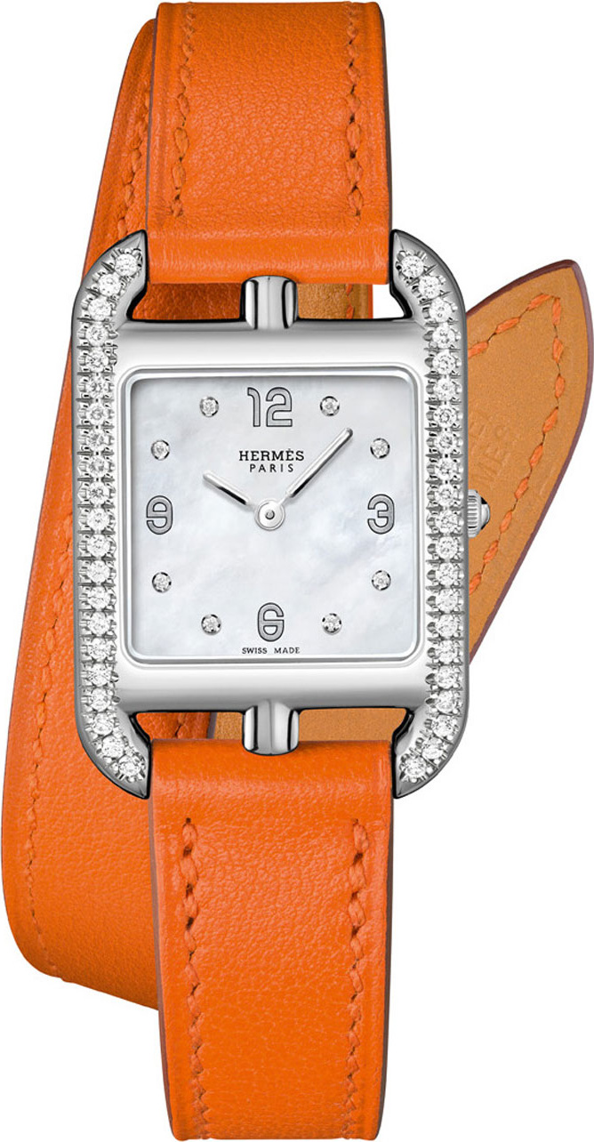 HERMÈS Cape Cod PM Watch with Diamonds & Leather Strap, Orange