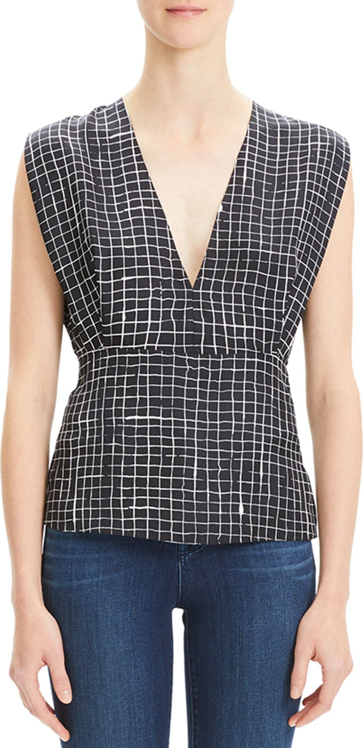 Theory Pleated Check V-Neck Kimono Top