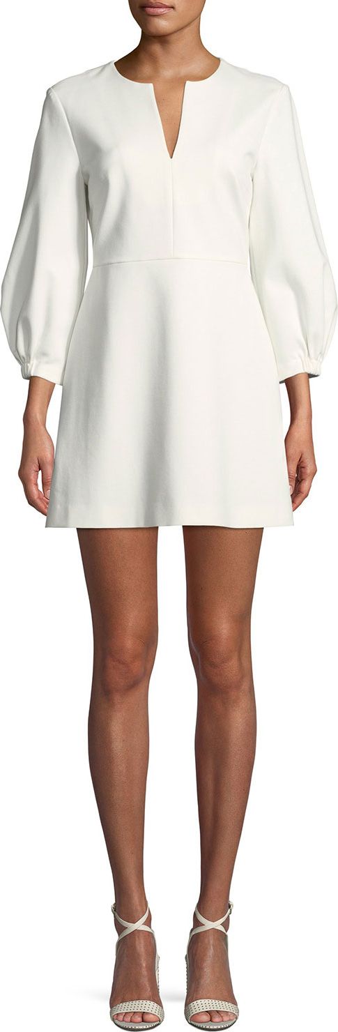 Tibi Split-Neck Pouf-Sleeve Knit Mini Dress