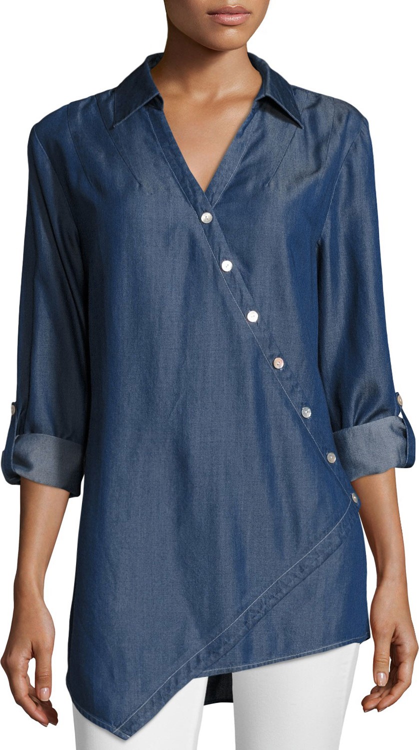 Go Silk Denim Asymmetric Button-Detail Shirt