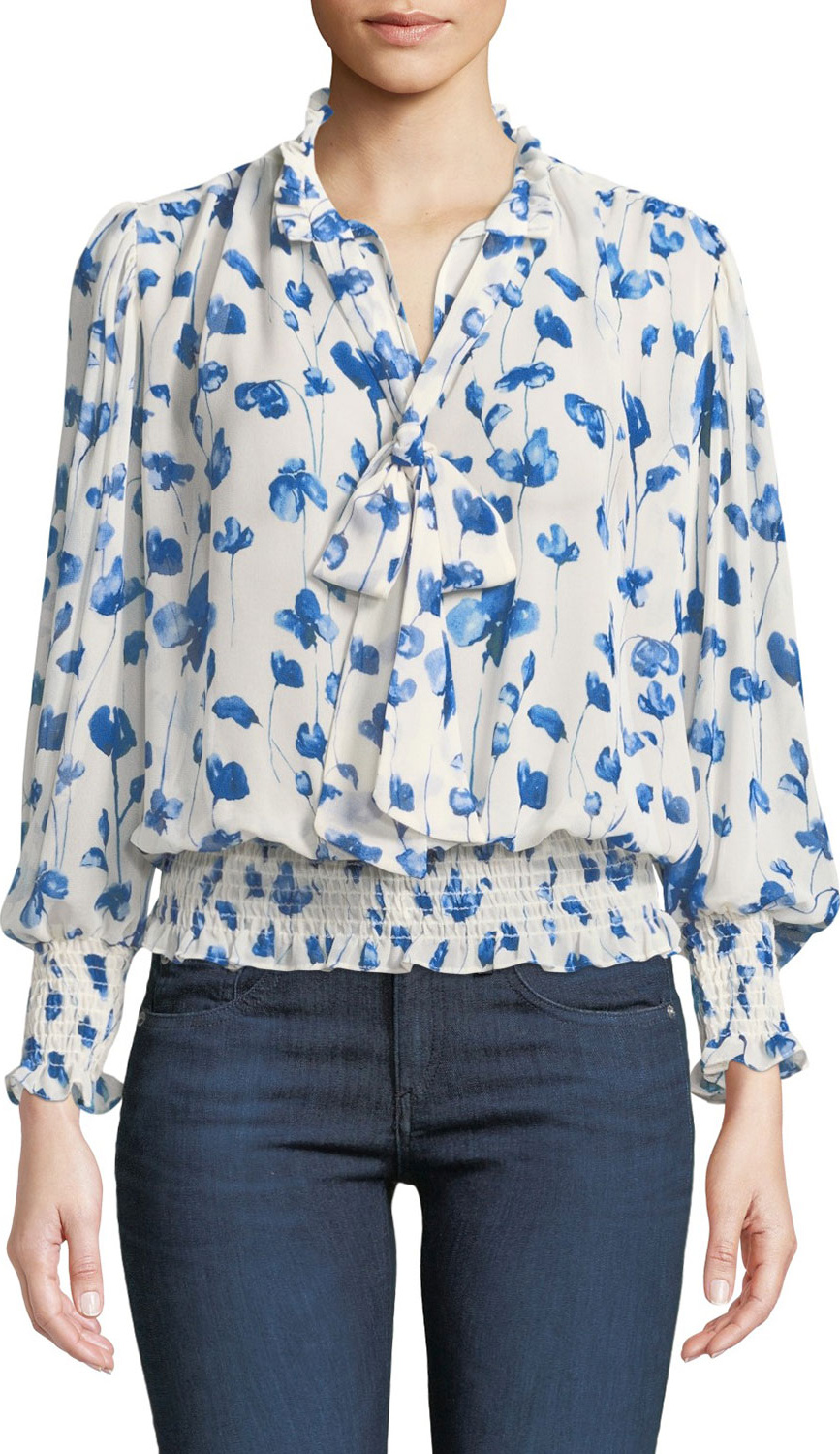 MISA Los Angeles Vyvienne Floral Tie-Neck Blouson Top