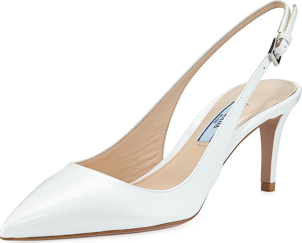 Prada Point-Toe Patent Saffiano Slingback Pumps