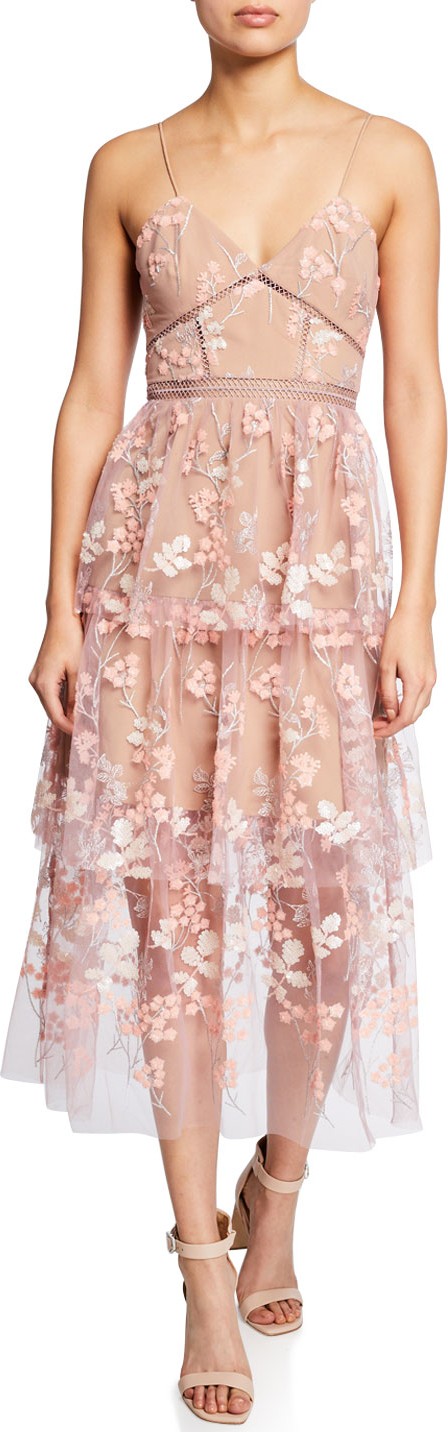 Self Portrait Floral-Embellished Tiered Midi Dress