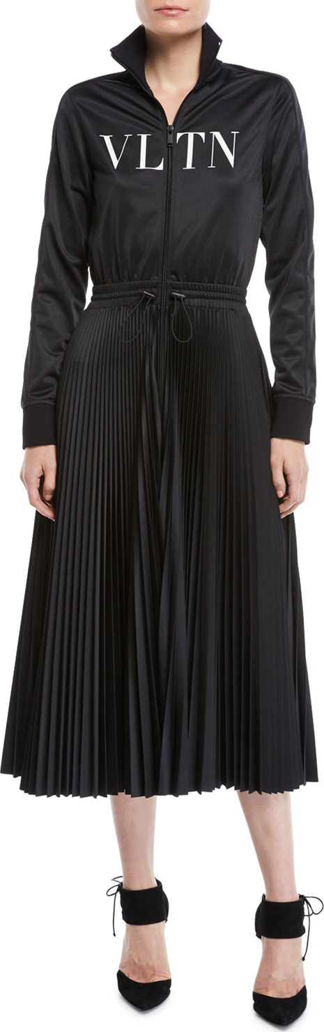 Valentino Long-Sleeve Zip-Front Jersey VLTN-Logo Plisse Bottom Mid-Calf Dress