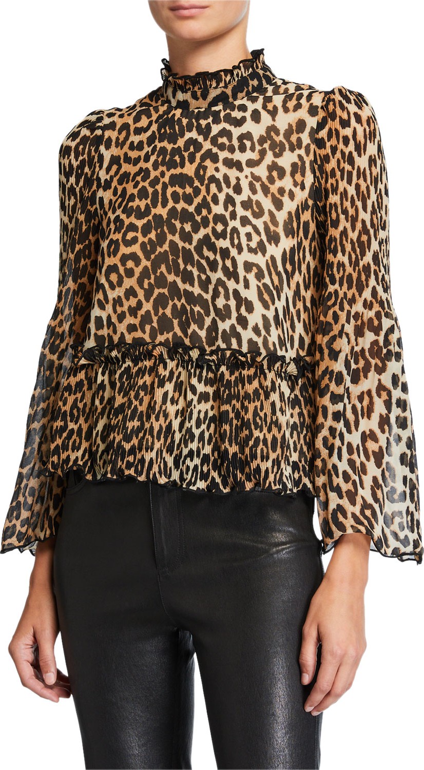 Ganni Pleated Leopard-Print High-Neck Top