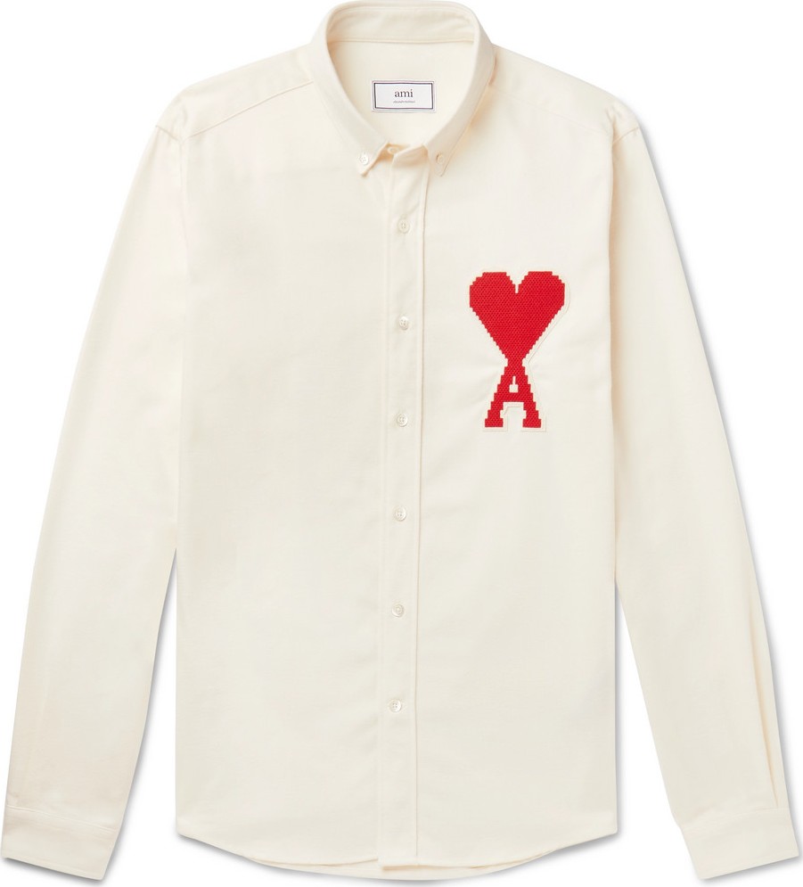 AMI Slim-Fit Button-Down Collar Appliquéd Brushed-Cotton Oxford Shirt