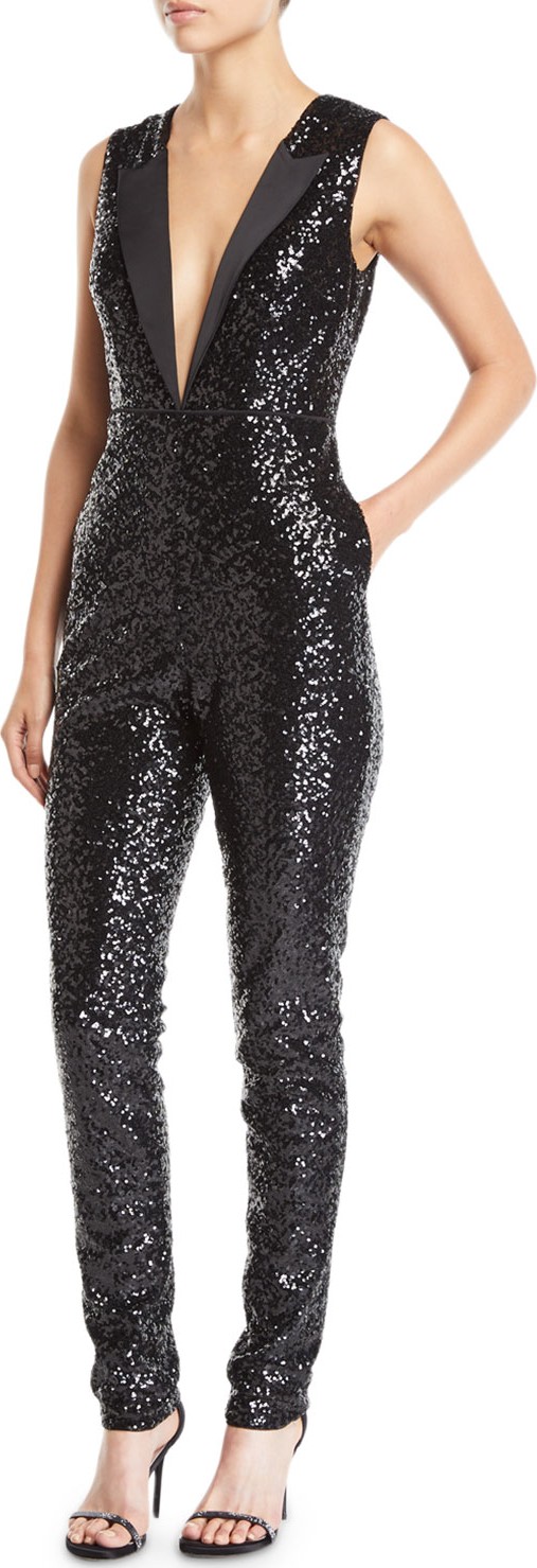 Aidan by Aidan Mattox Sequin Tuxedo-Look V-Neck Jumpsuit