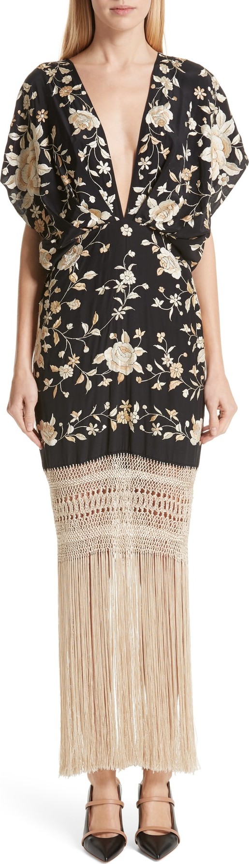 Johanna Ortiz Fringe Hem Embroidered Silk Dress