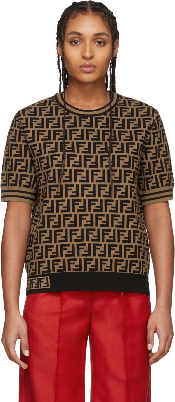 Fendi Brown & Black 'Forever Fendi' Short Sleeve Sweater