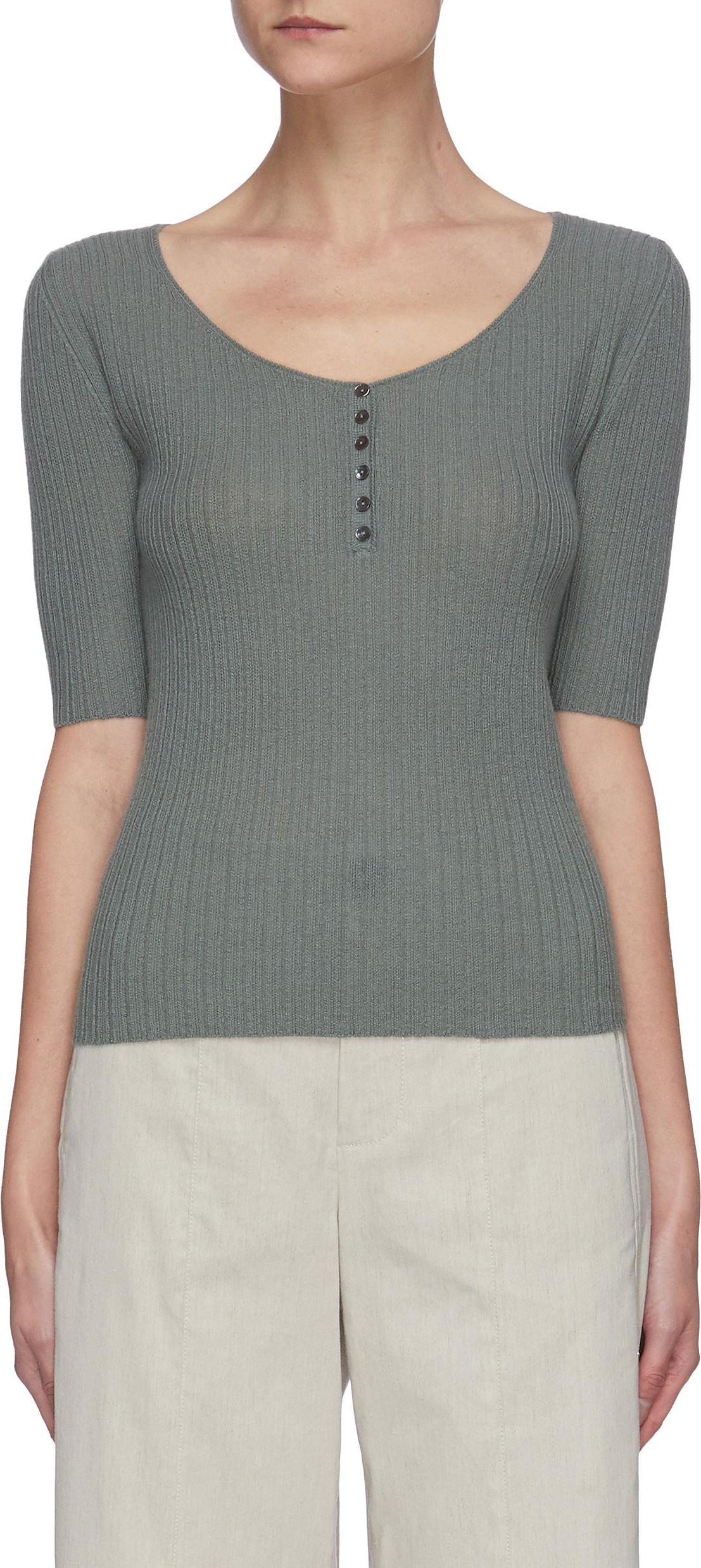 Vince Scoop neck rib knit cashmere henley top Vince Scoop neck rib knit cashmere henley top