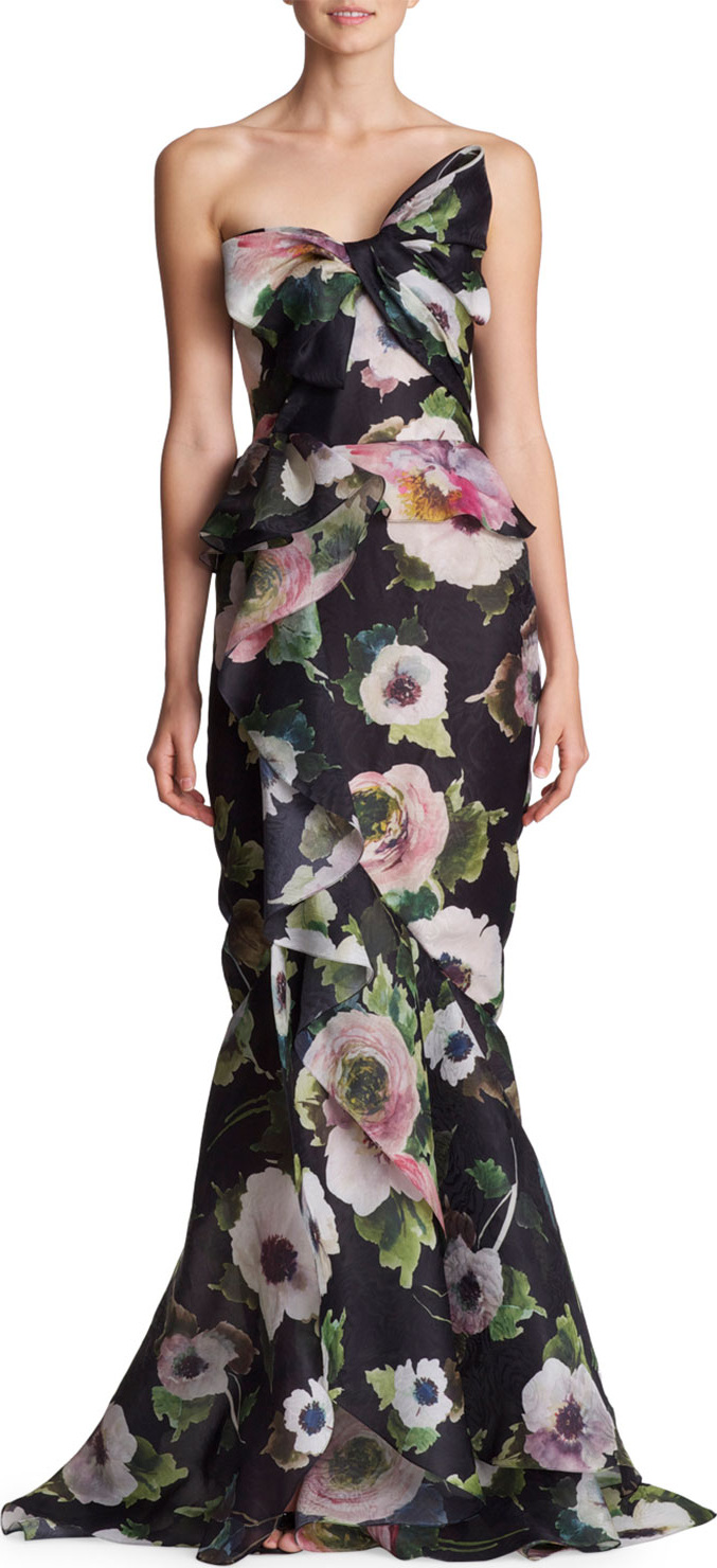 Marchesa Strapless Floral-Print Silk Moire Evening Gown w/ Draped Bow & Corset