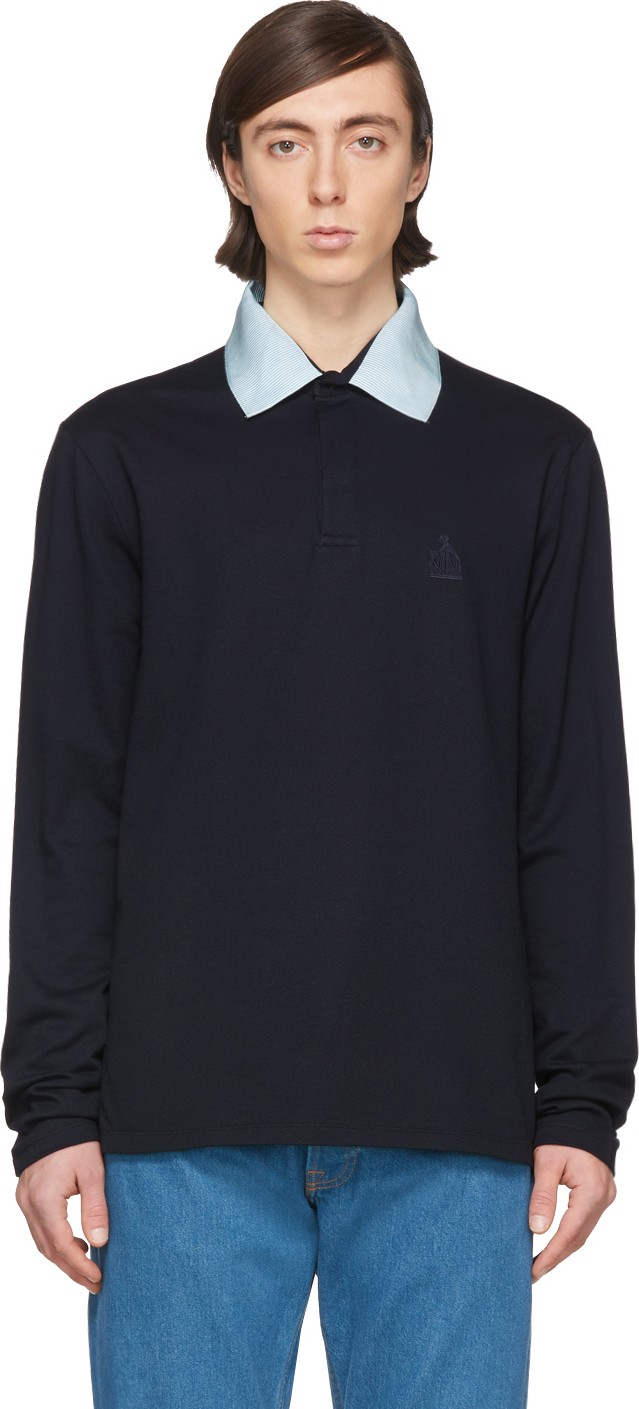 Lanvin Navy Grosgrain Collar Long Sleeve Polo