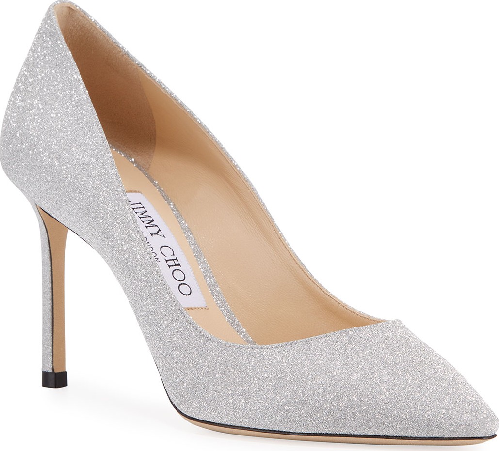 Jimmy Choo Romy Glittered Mid-Heel Pumps
