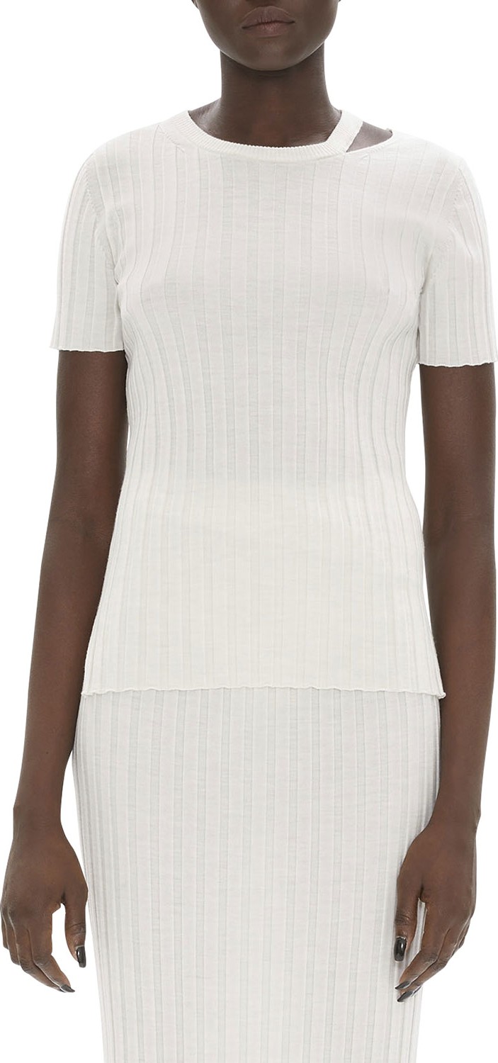 Helmut Lang Slashed Crewneck Short-Sleeve Ribbed Wool Top