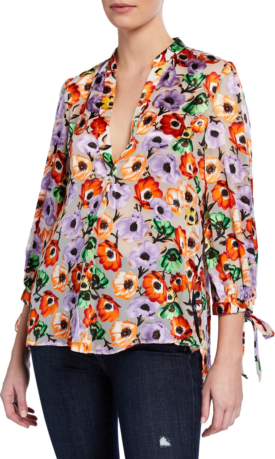 Alice + Olivia Sheila Floral Blouson-Sleeve Henley Top