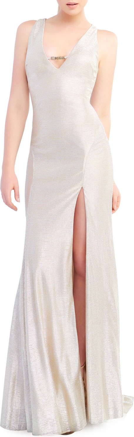 Ieena for Mac Duggal Metallic V-Neck Sleeveless Bodycon Gown
