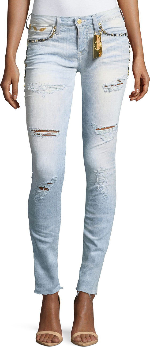 Robin's Jeans Marilyn Distressed Studded Skinny Jeans w/ Zip Cuffs