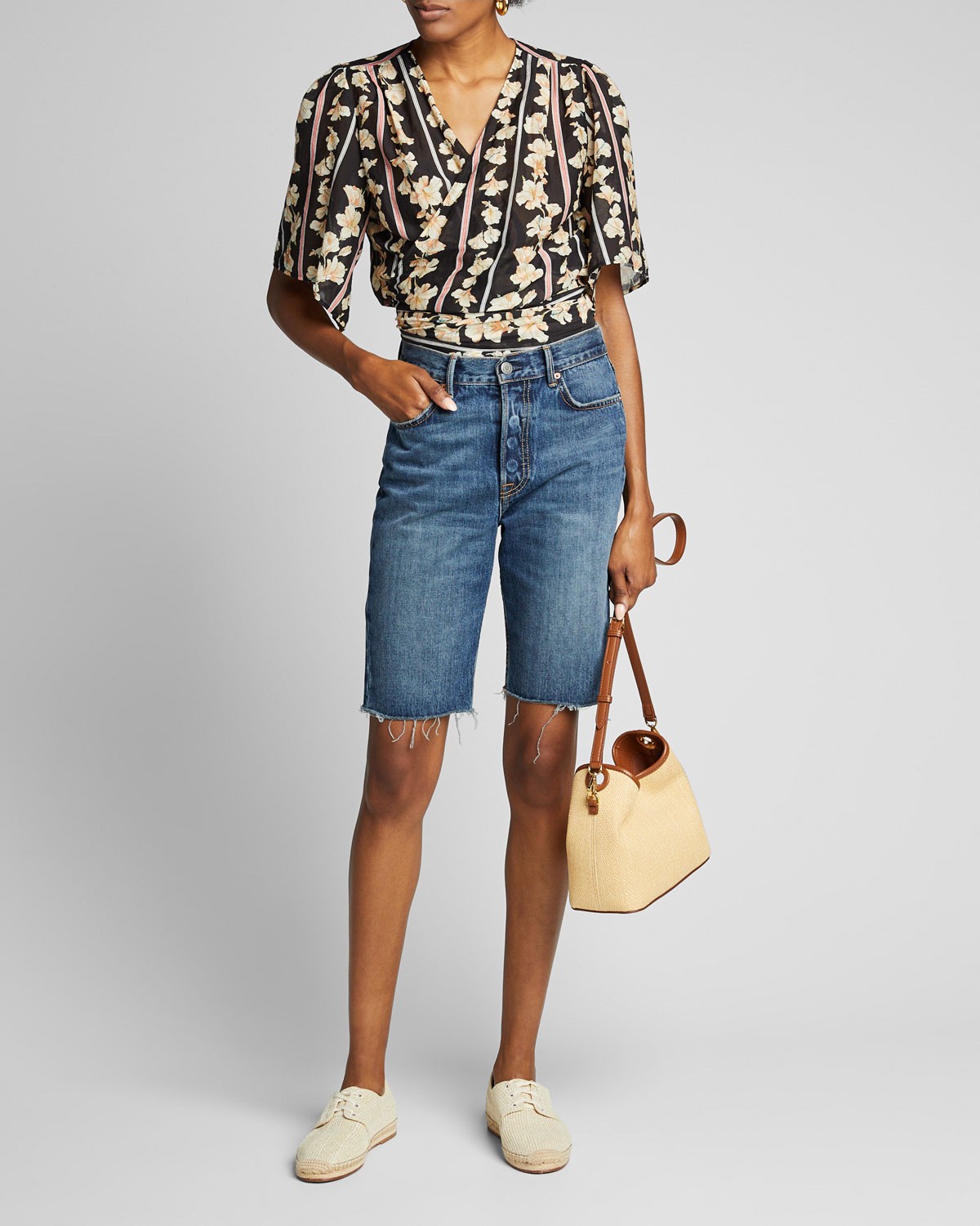 Grlfrnd Beverly Frayed Denim Bermuda Shorts
