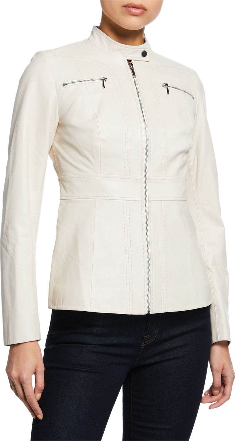 Elie Tahari Sage Zip-Front Leather Moto Jacket