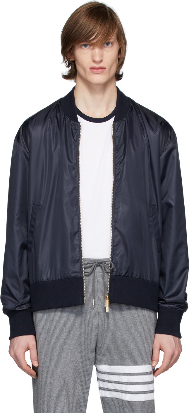 Thom Browne Navy Ripstop Center-Back Stripe Bomber Jacket