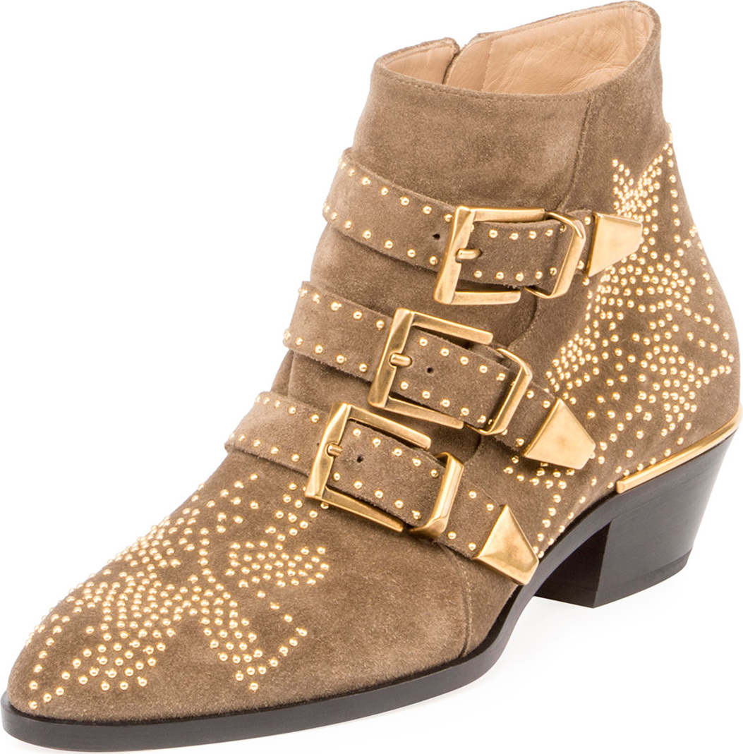 Chloe Suzanna Studded Suede Buckle Bootie, Dark Greige