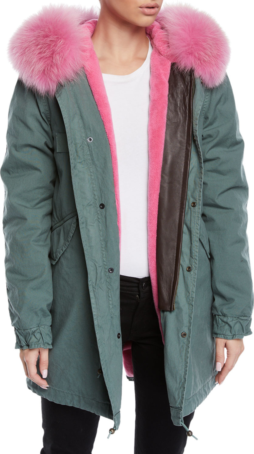 Mr&Mrs Italy Fox-Fur Trim Canvas Parka Jacket w/ Teddy Velvet Lining