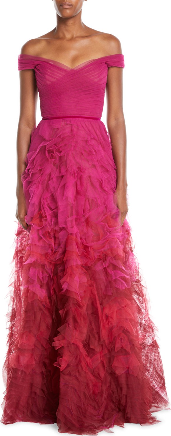 Marchesa Notte Off-the-Shoulder Ombre Textured Gown