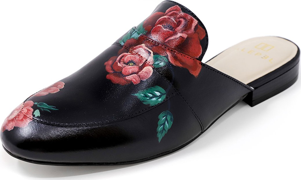 Alepel Hand-Painted Rose Flat Slide Mules