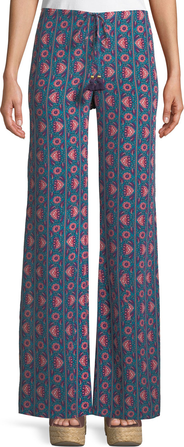 FIGUE Ipanema Floral-Stripe Split Wide-Leg Silk Pull-On Pants