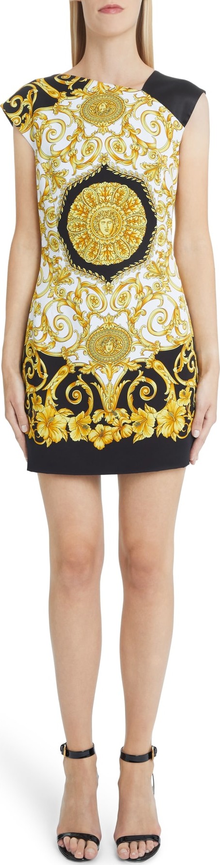 Versace First Line Hibiscus Print Asymmetrical Neck Shift Dress