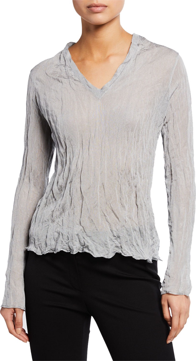 Theory Crinkle V-Neck Long-Sleeve Metallic Crepe Top