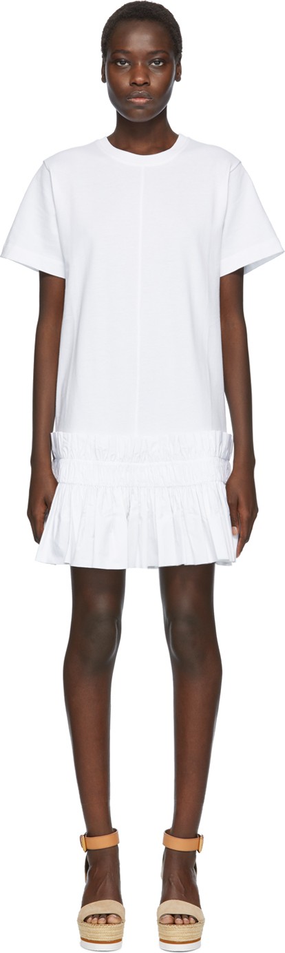 See By Chloé White Pleated Hem T-Shirt Dress