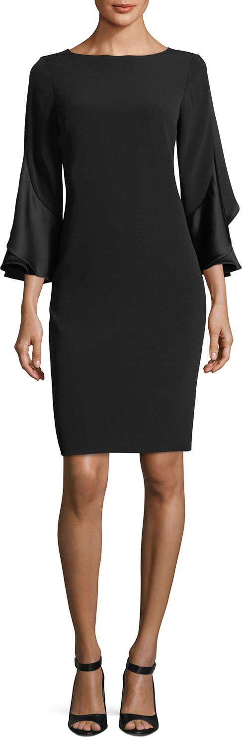 Rickie Freeman for Teri Jon 3/4-Sleeve Sheath Cocktail Dress w/ Ruffles