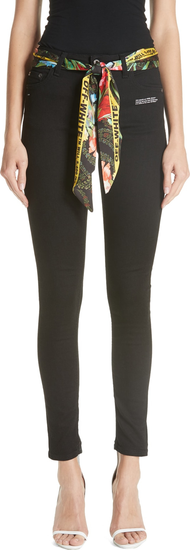 Off White Floral Belt Skinny Jeans