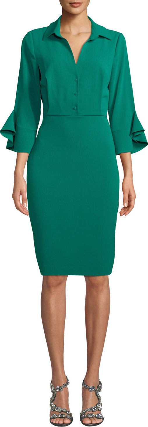 Badgley Mischka Collared Trumpet-Sleeve Dress