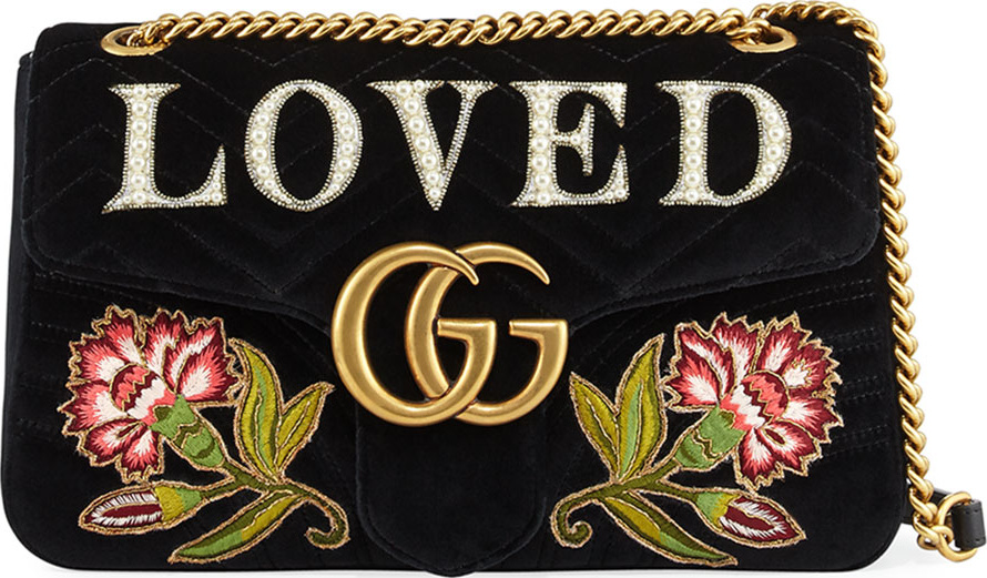 Gucci GG Marmont Medium Embroidered Velvet Shoulder Bag, Black