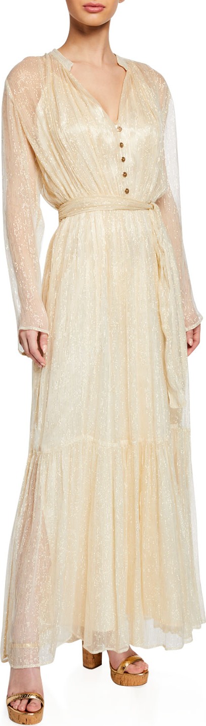 Melissa Odabash Sheer Metallic Chiffon Belted V-Neck Coverup Dress