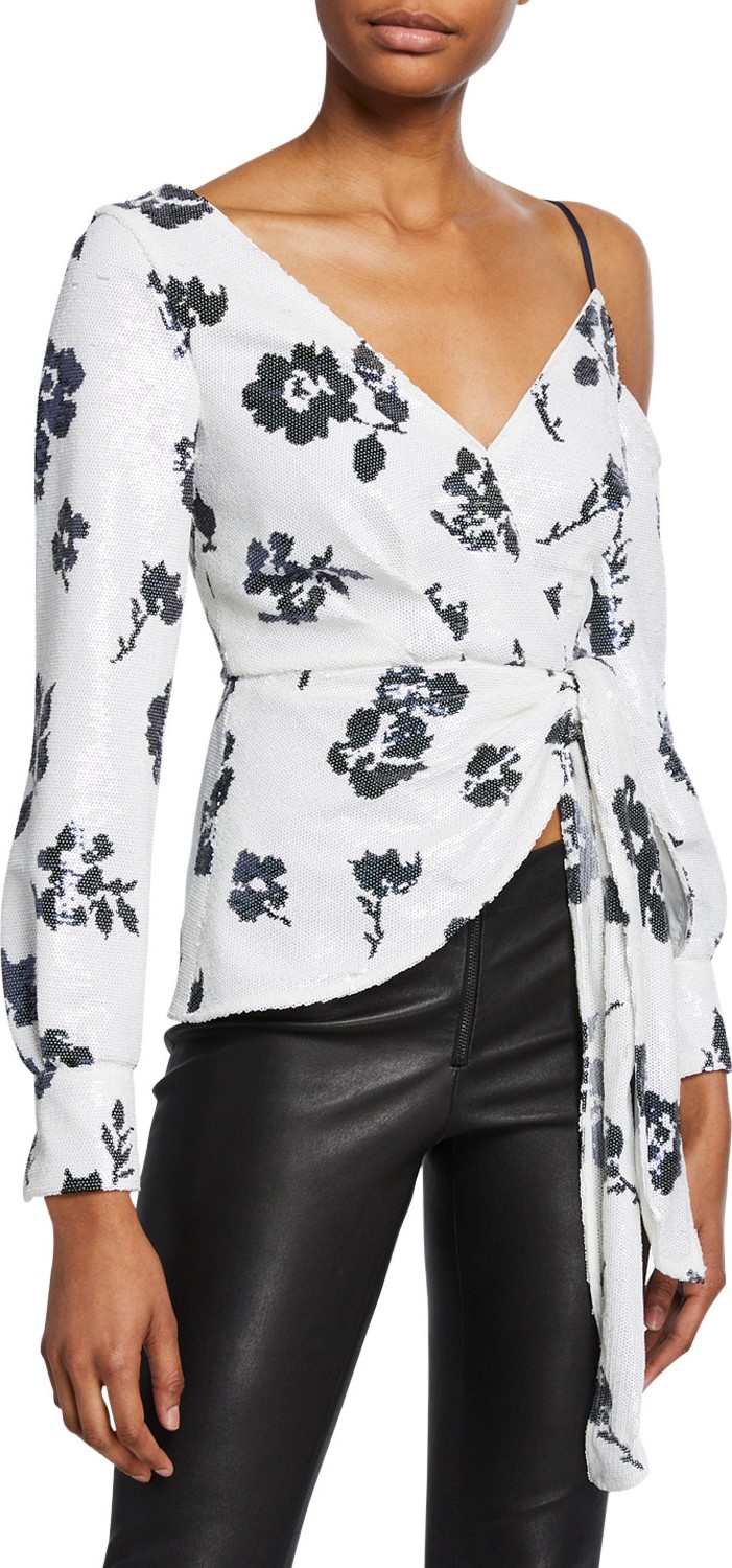 Self Portrait Floral Sequined Cold-Shoulder Wrap Top